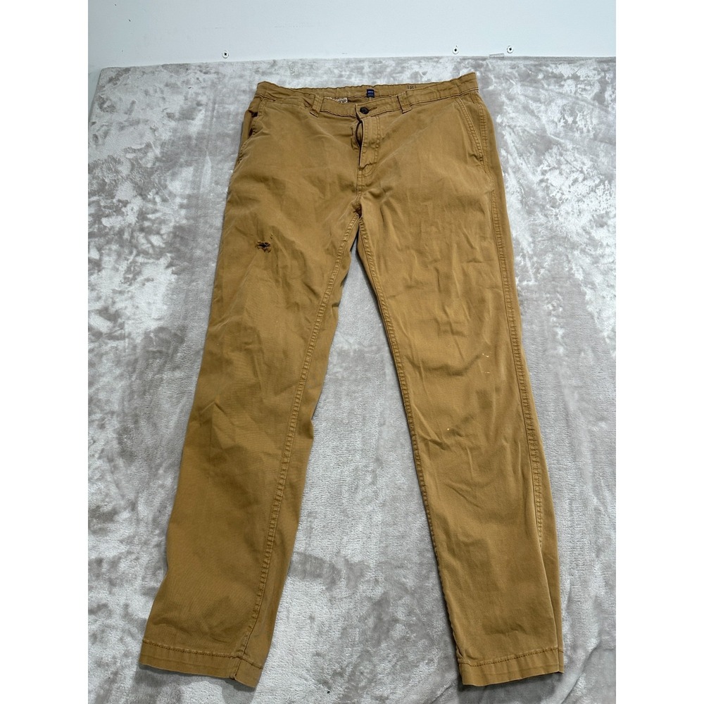 George Slim Fit Chino Pants Men's 36x32 Tan Flat Front Slash Pocket Distressed